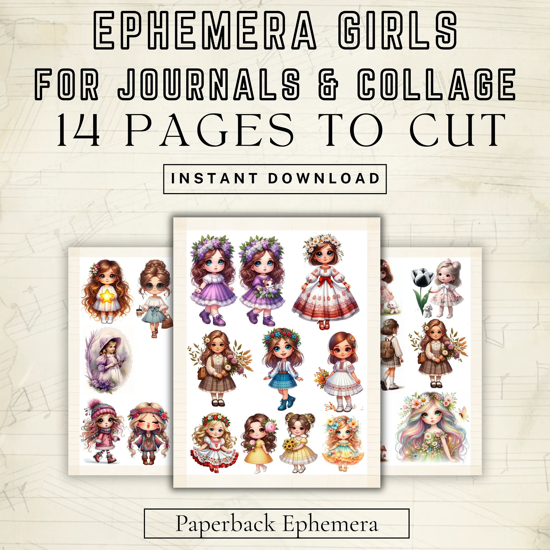 Whimsical Girls Ephemera Printable PDF – 14 Junk Journal Collage Pages product image (4)