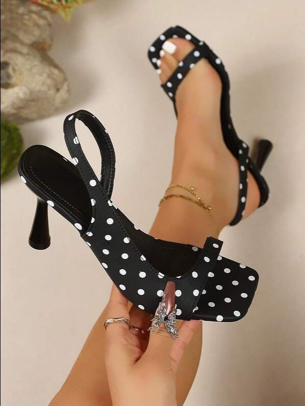 Women's Retro Square Toe High Heel Sandals | Black & White Polka Dot Slip-On | ADLEST product image (1)