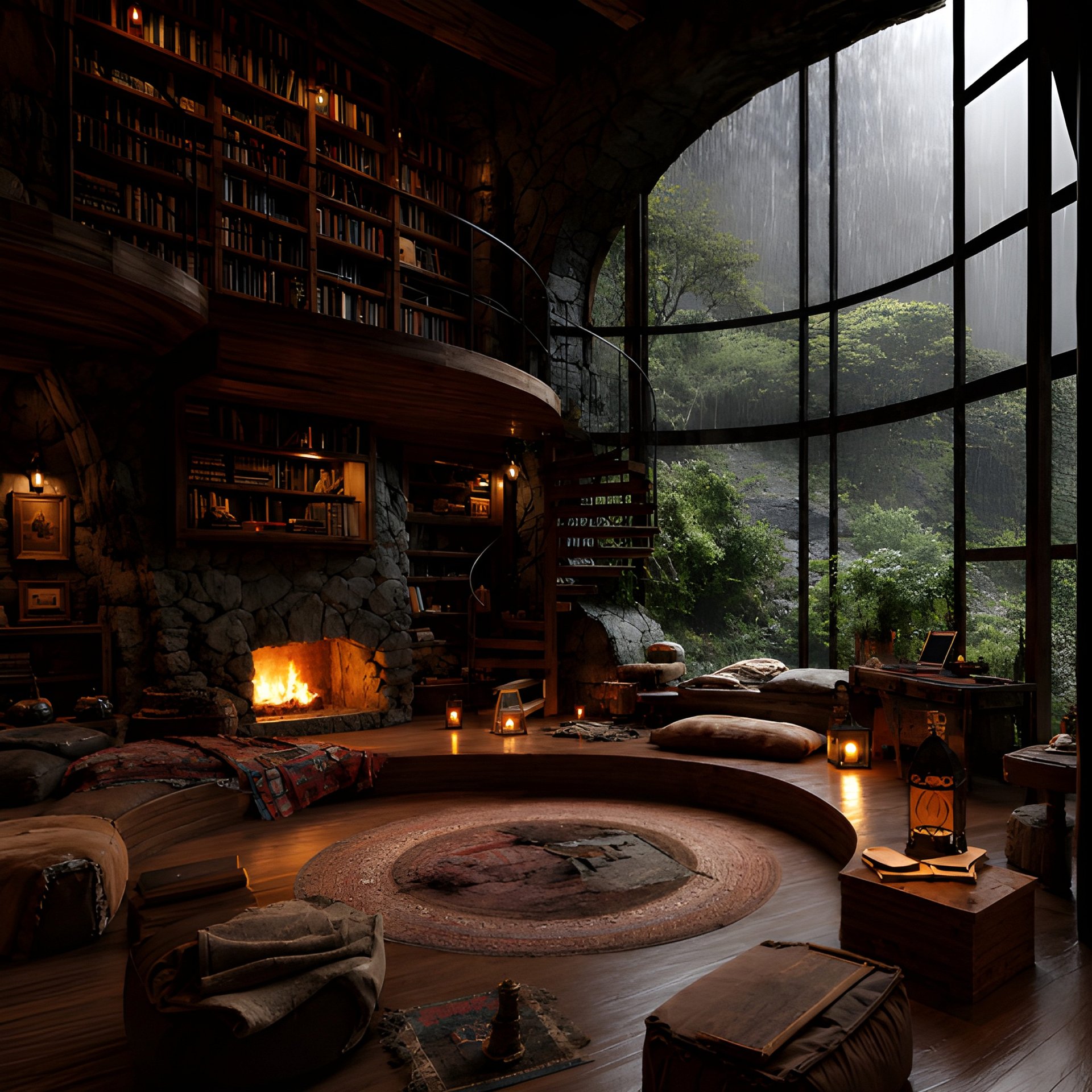 Cozy Fantasy Library Digital Print 10x10 Rainy Fireplace Wall Art Dark Academia Download product image (2)