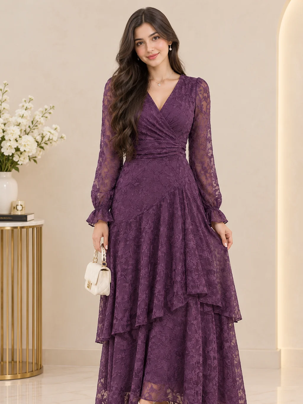 Amorya 2026 New Fashion Floral Print Ruffle Hem High Stretch Cinched Waist Long Dress, Vacation Dress, Pleated Dress, Floral Dress,Dresses For Women Summer product image (5)