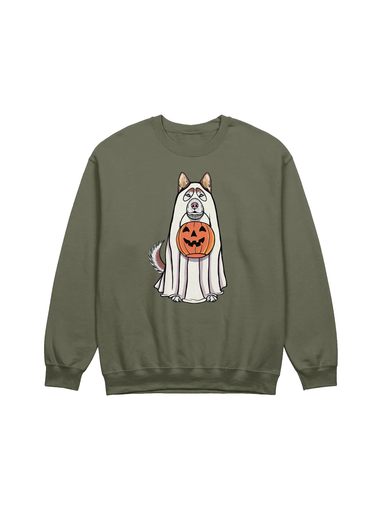 Funny Halloween Siberian Husky(Red) Sweatshirt | Funny Husky Wearing a Ghost Costume and Holding a Pumpkin Basket product image (1)