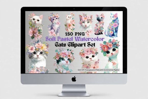 Soft Pastel Watercolor Cats Clipart Set, 150 PNGs for DIY & Commercial Use product image (2)